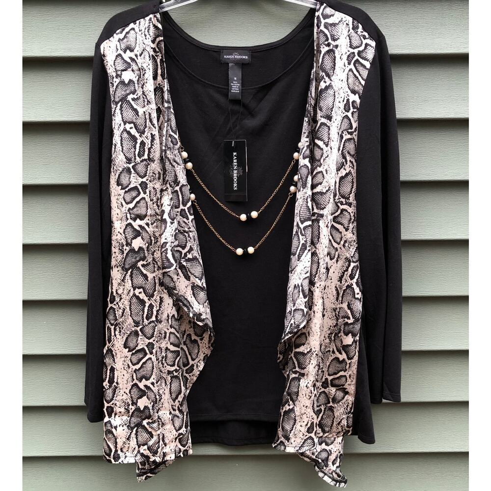 NWT Karen Brooks Black Top With Snake Print Vest and Necklace Women's 1X